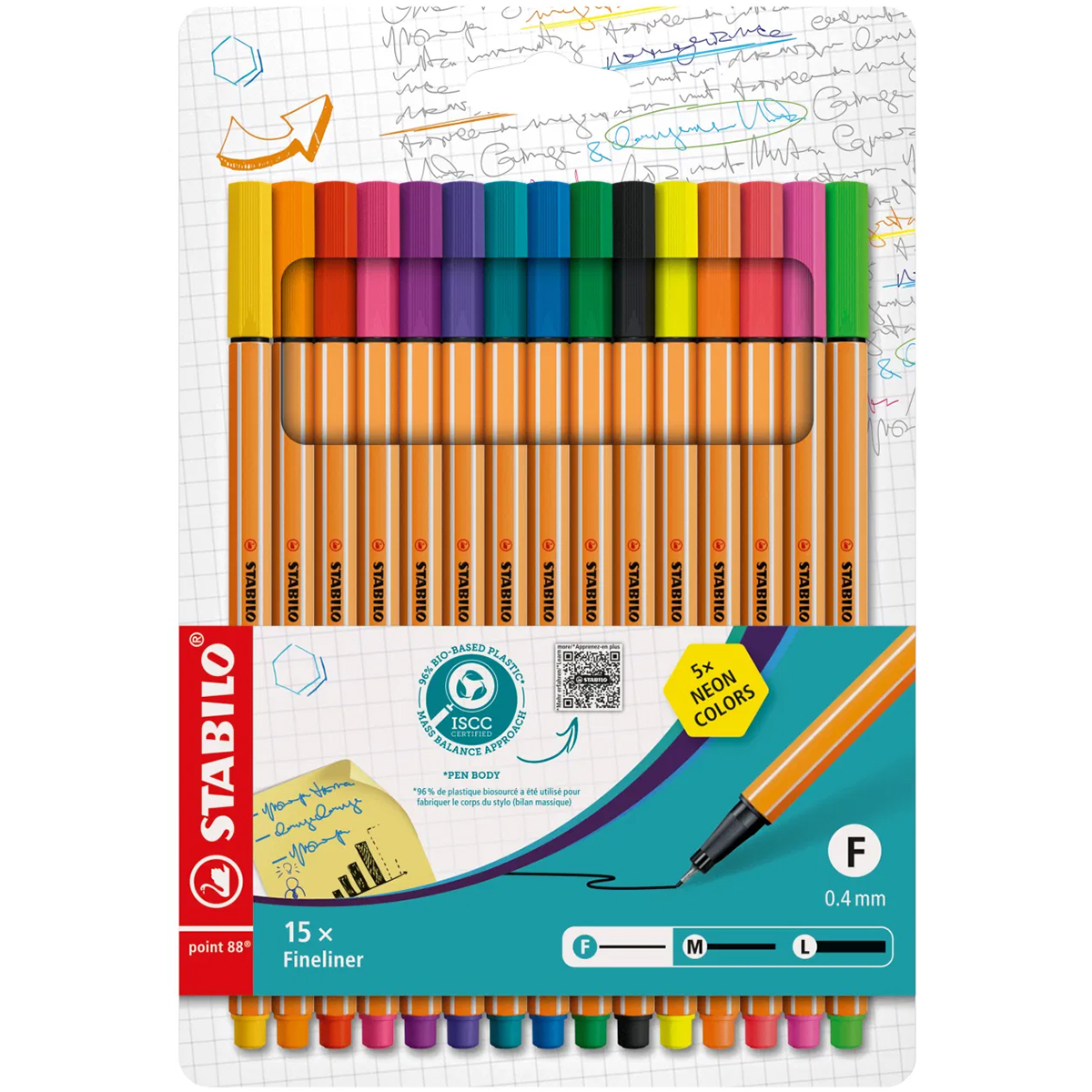 Stabilo "Fineliner Point 88" (0,4mm) - 15er Set inkl. 5 Neonfarben