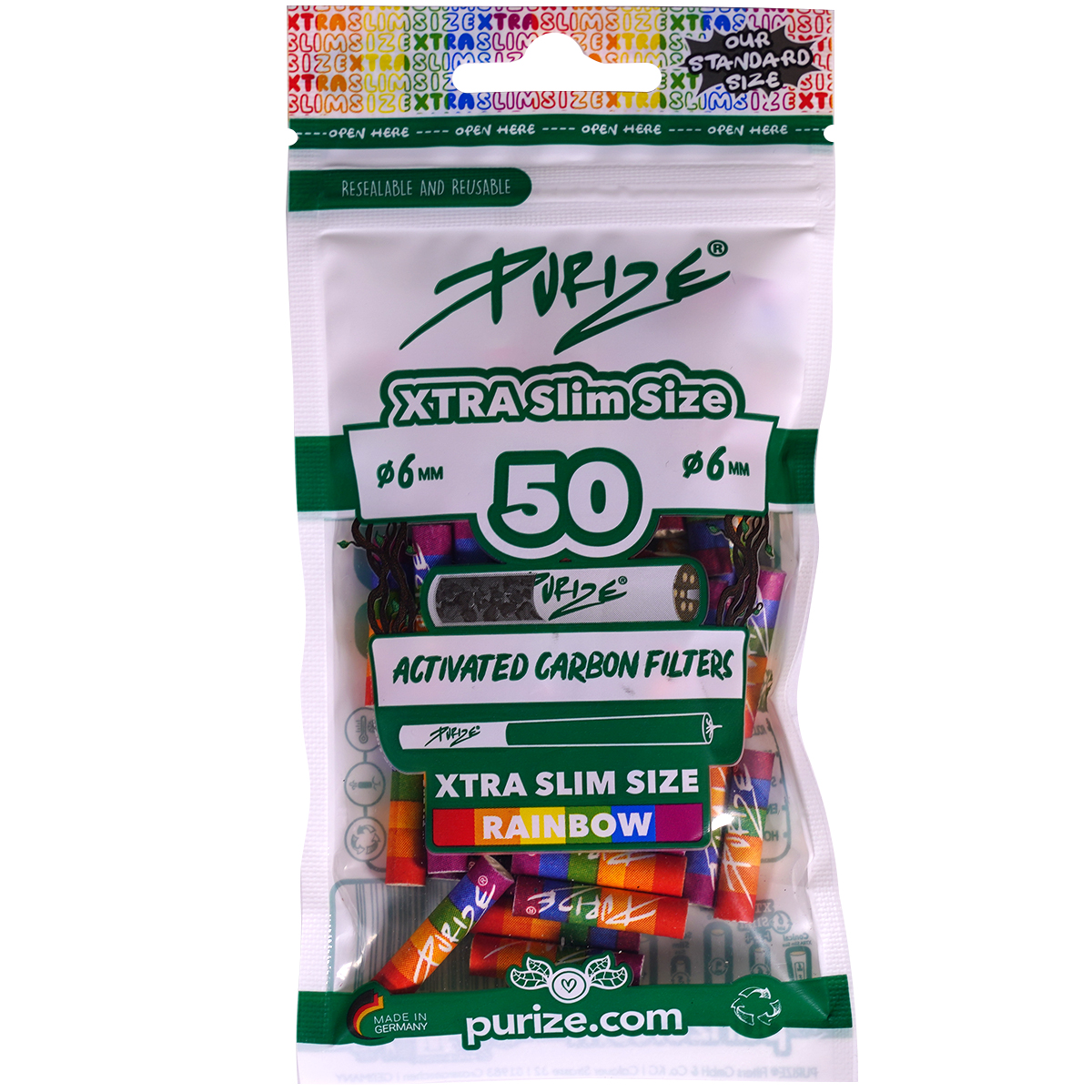 Purize Aktivkohlefilter "XTRA Slim Size 50er Pack" Rainbow (5,9mm)