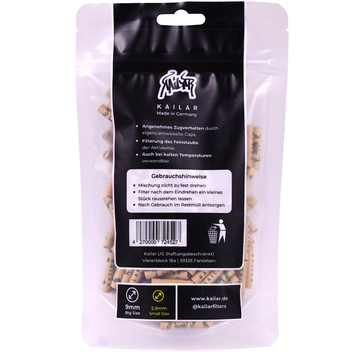 Kailar Aktivkohlefilter "Cellulose Slim Size 250er Pack" - Unbleached