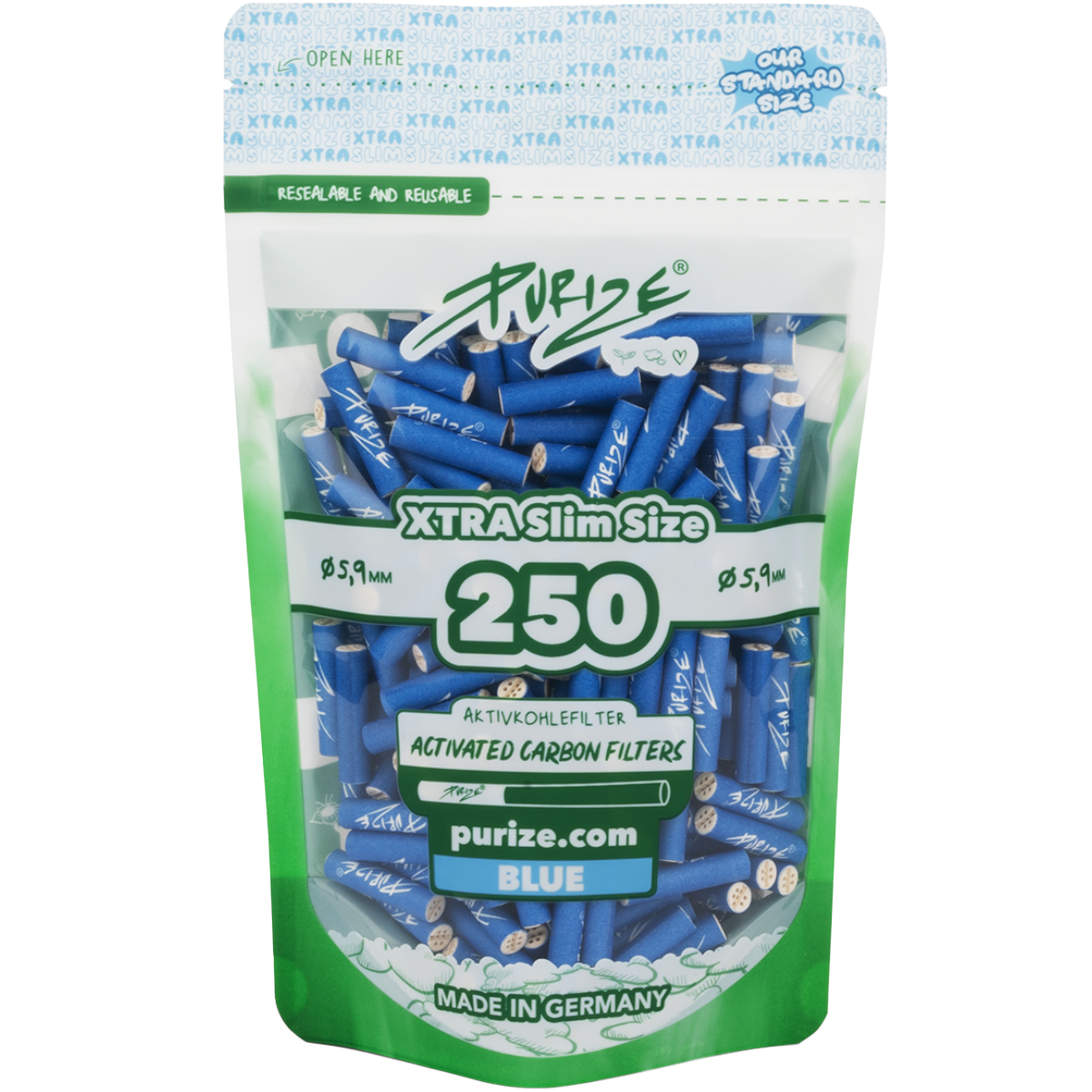 Purize Aktivkohlefilter "XTRA Slim Size 250er Pack" Blue (5,9mm)