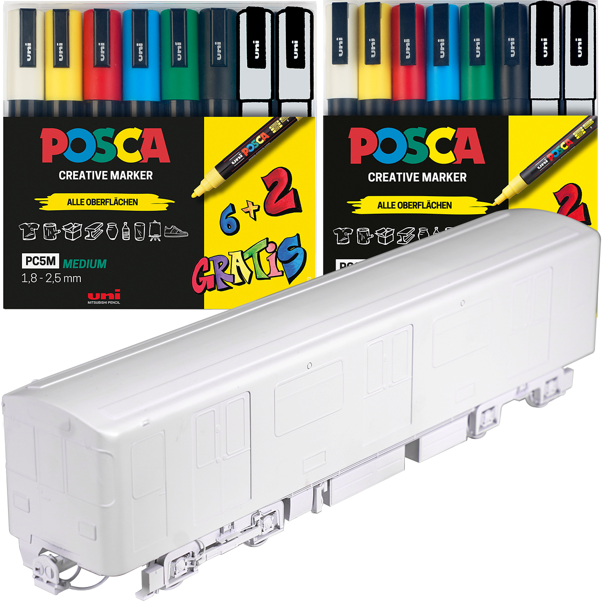 Trainbundle #3 "Modellzug 3D, Uni Posca PC-3M Marker 8er Set & PC-5M Marker 8er Set" (3 Teile)