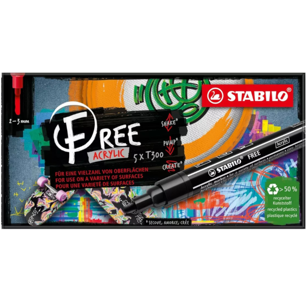 Stabilo "Acrylmarker Free T300 5er Set" (2-3mm) Vibrant