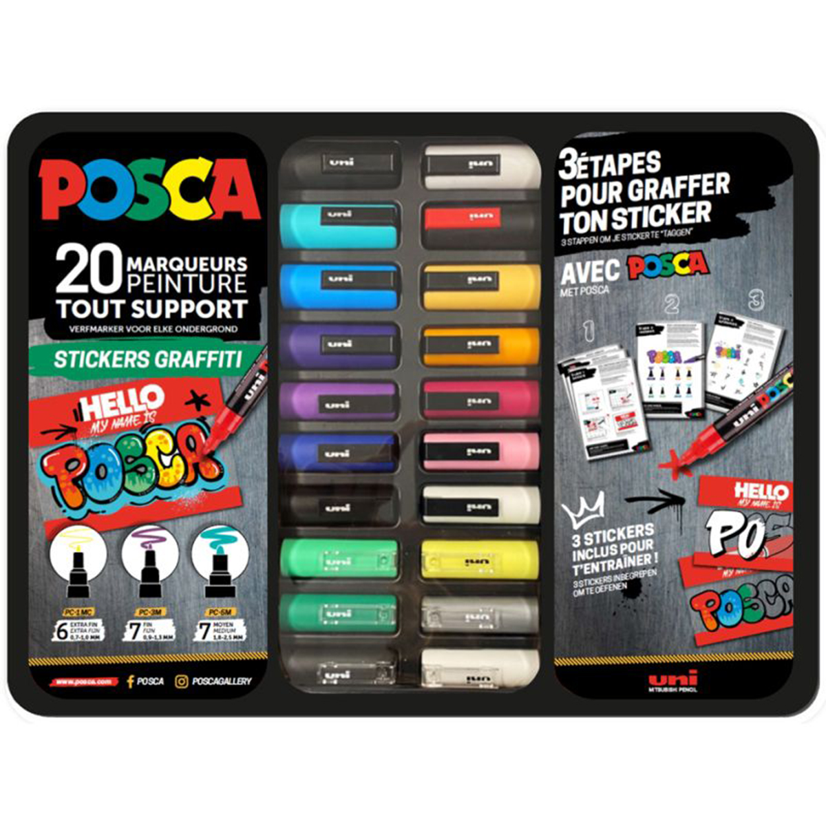 Uni Posca "Metalletui Stickers Graffiti" Marker 20er Set