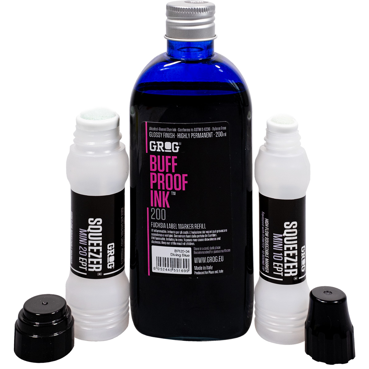 Grog "Buff Proof Ink (200ml) + Squeezer Mini Refill Set - Blue"