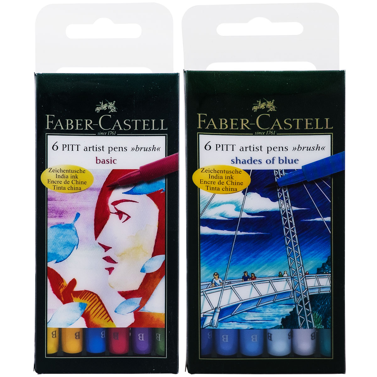 Faber-Castell "Pitt Artist Pen B (Brush)" Tuschestift 2x6er Set - Basic & Blue
