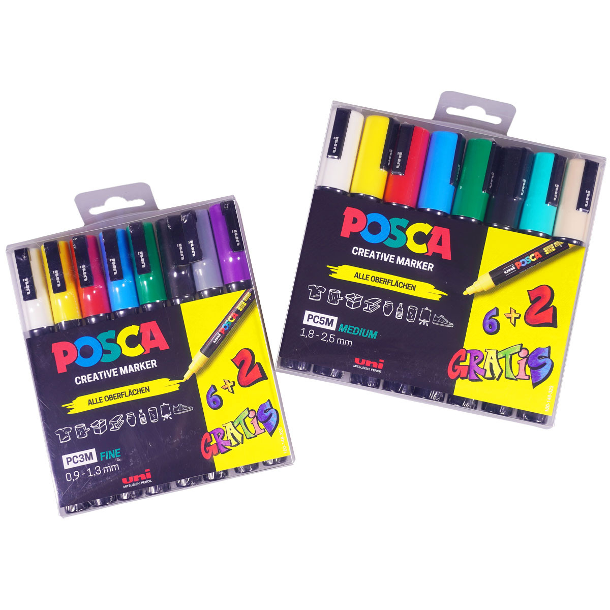 Uni Posca "PC-3M/5M" Double Marker 6er Set +2 Gratis (0,9-2,5mm)