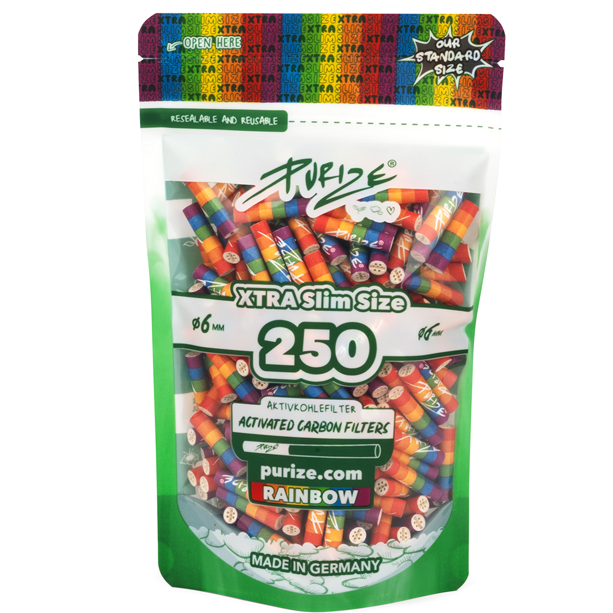 Purize Aktivkohlefilter "XTRA Slim Size 250er Pack" Rainbow (5,9mm)